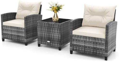 COSTWAY 3 Pieces Patio Rattan Bistro Set, Metal Frame Garden Coffee Table and Sofa Chairs Set with Cushions, Outdoor Furniture Wicker Conservatory Set for Balcony Yard Poolside (White)