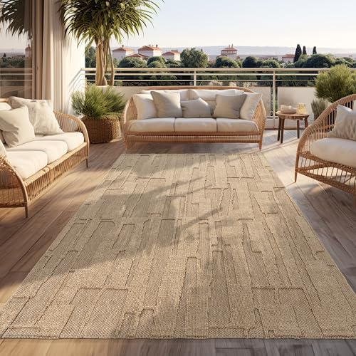 Paco Home Outdoor Teppich Wetterfest Balkon Flur Wohnzimmer Boho Design Abstraktes Muster Geometrisch 3D Effekt Moderne Deko Beige, Grösse:80x150 cm