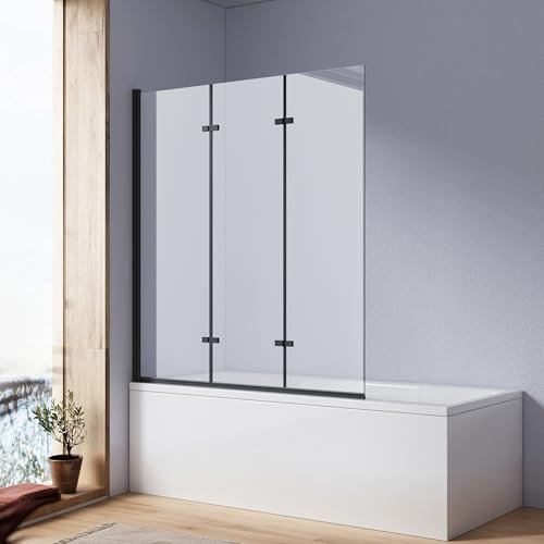 Heilmetz® Paroi de douche 120 x 140 cm pour baignoire, paroi de douche, paroi de douche, paroi pliante à 180 °, cloison de douche 6 mm en verre de sécurité Nano ESG (3 pièces, pliable, noir)