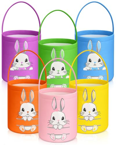 Photect 6 Pcs Easter Bunny Canvas Basket for Kids Colorful Rabbit Bucket Bag with Handles Reusable Egg Hunting Treat Candy Goody Tote Bags for Party Game Favor Gifts Supplies(Stylish)