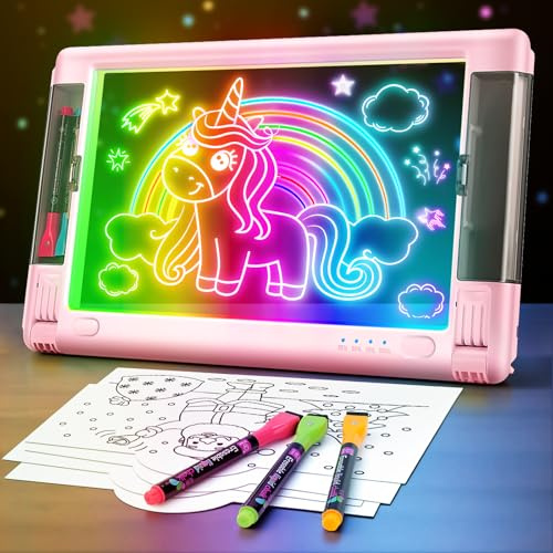 LED Note Board with Colors, Rechargeable 9 Modes Light Up Acrylic Dry Erase Board, 15 Inch Neon Art Tracing Board Creative Gift Toy for Kids & Teens with 6 Colored Markers, 10 Tracing Sheets-Pink