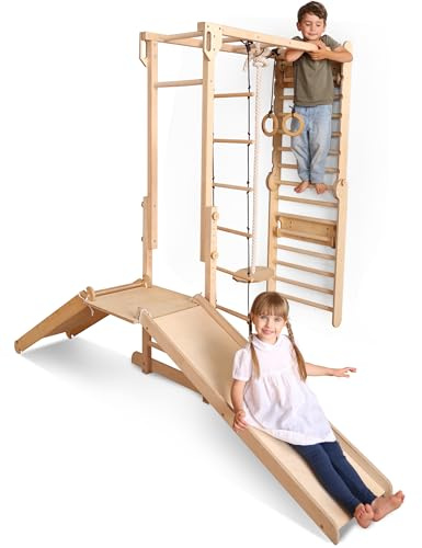 Juego de Escalada de Madera 9 en 1 para niños, Inspirado en Montessori, con Barra de Barras, Barra de dominadas, Anillos, Columpios, Escalera, Tabla de Escalada, tobogán y Plataforma