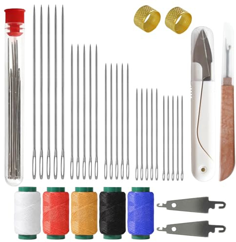 Stainless Steel Sewing Needles Set 37 Pcs Big Eye Steel Needle Set with Portable Sewing Needles, Small Scissors, 2 Needle Threader, 5 Threads, 2 Thimble, Thread Ripper Tools for Mending, Craft Lovers