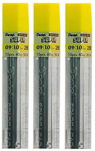Pentel 0.9mm Tamaño 2B Oscuras Dureza Lápiz Recambio Repuesto Cables Alta Polímero Super para Automático & Mecánico Lápices (Paquete de 3 Tubos - 45 Piezas)