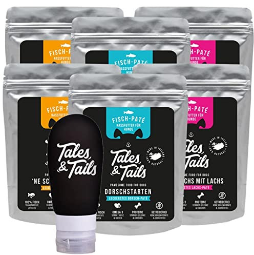 Tales & Tails - Schlecktubenpaket I Futtertube für Hunde + 6X hochwertige Belohnung zur Befüllung I 6 x 300g Nassfutter I Monoprotein I 100% Fisch Mix