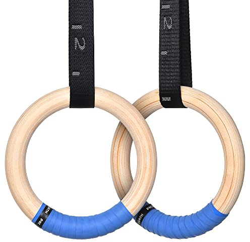 PACEARTH Gymnastics Rings Wooden Olympic Rings 1500/1000lbs with Adjustable Cam Buckle 14.76ft/9ft Long Straps with Scale Non-Slip Gym Rings for Home Gym Full Body Workout