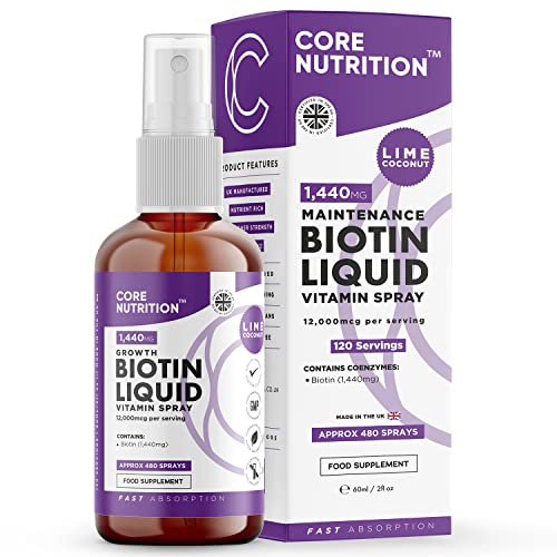 Biotin Liquid Spray - Vegan - High Strength 12,000mcg per Serving - Hair, Nail & Skin Health Supplement - 4 Month Supply - 120 Servings - 60ml Spray - Vitamin B7 - Made in UK by Core Nutrition