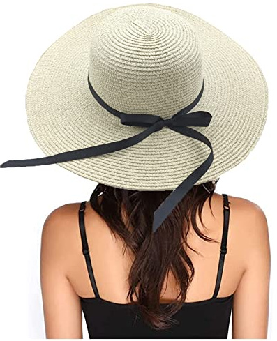 EightSpace Chapeau de Soleil pour Femme, Chapeau de Paille, Chapeaux d'été Plage Cap, Chapeau de Paille Pliable à Large Bord, Anti UV Summer Beach Cap pour Voyage (Beige)