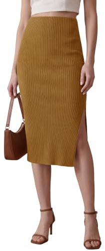 EXCHIC Dam kontor hög midja knälängd stickad pennkjol elastisk bodycon midikjol med slits, kamel, S