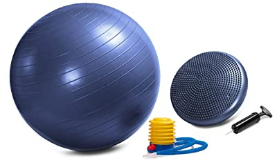 CLUB4BRANDS Set Cojín de Equilibrio y Pelota de Ejercicio 65 cm – Cojín Balance 33 cm con Bomba – Entrenamiento de Core, Yoga, Pilates y Ejercicios de Espalda Peonía Azul Marino– C4B