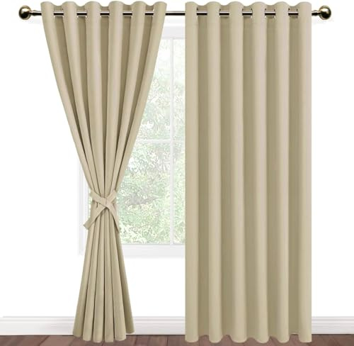 DWCN Light Beige Blackout Curtains 90 x 90 Inch with Tiebacks for Bedroom Thermal Insulated Solid Eyelet Curtains for Living Room,2 Panels,90 Wide x 90 Drop