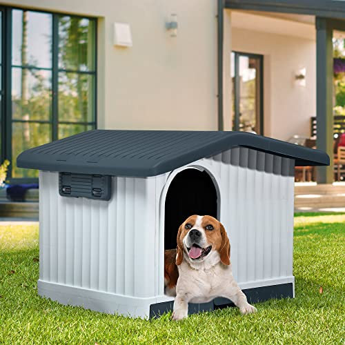 YITAHOME Large Plastic Pet House for Outdoor and Indoor Use, Insulated Pet House, Plastic, Waterproof & UV-Resistant, Sturdy Pet House with Ventilation Slits and Raised Base, Grey
