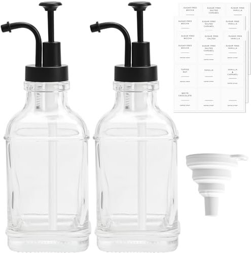 LoQuick Set di 2 Erogatori Sciroppo di Caffè con 36 Etichette,Bottiglie Sciroppo Vetro 500ml, Erogatore a Pompa per Bar,Distributore Bottiglie con Imbuto,per Accessori da Bar Caramello da Cucina