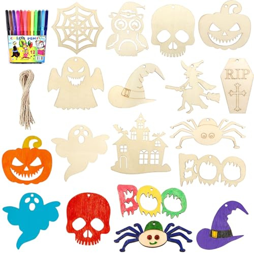 Lot de 24 décorations d'Halloween pour enfants - En bois - Avec cordons et crayon de couleur - Pendentif en bois pour enfants à peindre - Pour Halloween, bricolage, artisanat, fête