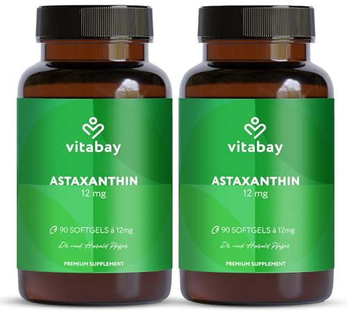 Vitabay Astaxanthin 12 mg hochdosiert – 180 vegane Softgel-Kapseln – laborgeprüft & ohne Zusatzstoffe – Premium-Rohstoff natürlich gewonnen aus Haematococcus pluvialis Algenextrakt - 12 Monate Vorrat