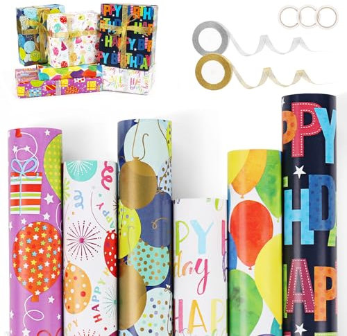 MOOKLIN ROAM Geschenkpapierpapierrolle Geburtstag 300 x 43cm, 6 Rollen Aktualisiert Geschenkpapier Set mit 2 Bänder und 3 Klebeband, Kraftpapier Wrapping Paper für Geburtstagsparty Geburtstagsgeschenk