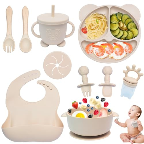 Dazhtu 10-delad baby avvänjningsset – matningsset i silikon med sugskål, justerbar haklapp, kopp, gaffel och sked, mattallriksats, perfekt som babygåvor, beige
