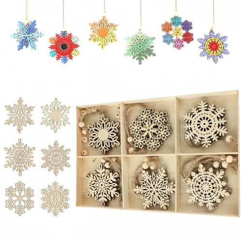 MHwan Christbaumschmuck Holz, 24 Stück Weihnachtsbaumschmuck Holz aus Naturholz, Robustes und Langlebiges DIY Holzanhänger Weihnachten, Umkehrbare Färbung Zur Herstellung Einzigartiger Schneeflocken