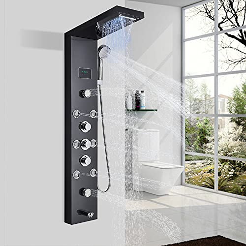 Colonne de Douche Hydromassages LED Panneau de Douche Pour Salle de Bain Système de Douche Multifonctionnel Ensemble De Douche Noire Hevenaov Avec 6 Jets D'hydromassage