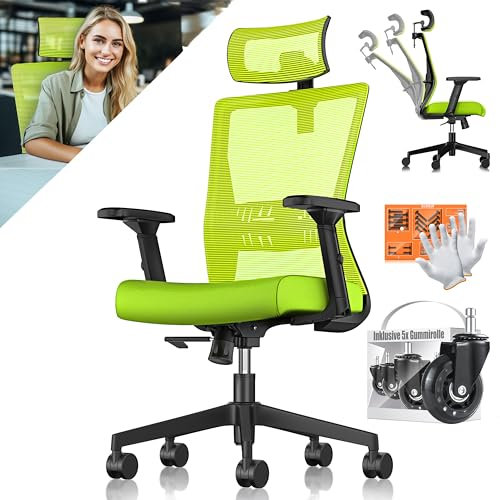 KESSER® Bürostuhl Ergonomisch mit verstellbaren Armlehnen | Drehstuhl mit Lendenwirbelstütze Rückenschonend | Schreibtischstuhl mit Kopfstütze | Office Chair Wippfunktion bis 125° mit 5X Gummirollen