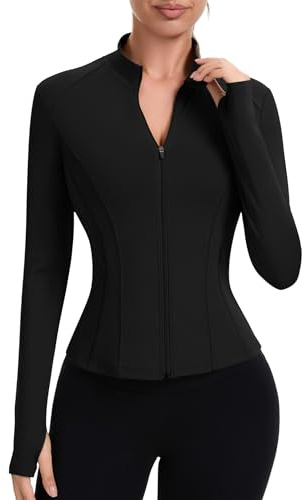 IECCP Gym Tops for Women UK Sport Running Jackets Long Sleeve Workout Fitess Activewear Shirt Lightweight Breathable Yoga Tops with Thumb Hole and Zip Side Pocket Black L