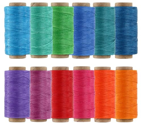 KIVISIN Fil de polyester plat ciré 150D 0,8 mm, 50 m 12 bobines, fils enduits de cire pour couture en cuir, couture à la main, tressage, reliure, micro macramé et création de bijoux - 12 couleurs