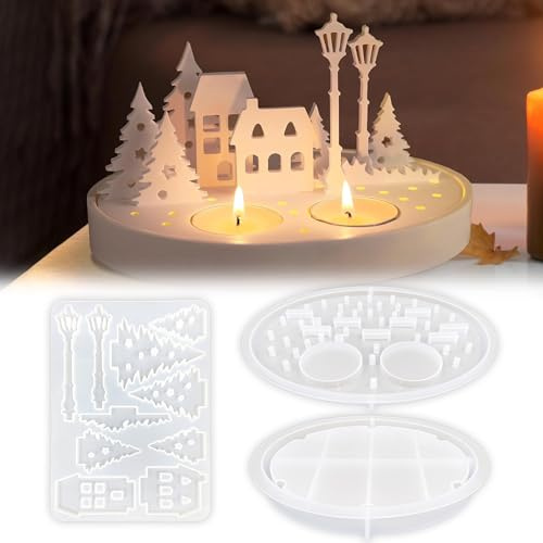 TZEKING 3 Moldes de Silicona para Casas,Moldes de Silicona para Fundición de Casas,Portavelas Árbol Navidad Moldes