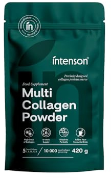 Intenson Polvere Multi Collagene 420 g, 5 Tipi di Collagene (I, II, III, V, X), Supporta Pelle, Capelli, Unghie, Ossa e Articolazioni, Peptidi di Collagen Idrolizzati, Senza Aroma