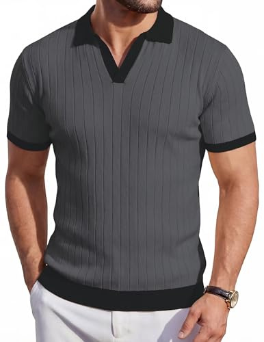 Remxi Men's Knit Polo Shirts Short Sleeve Ribbed Knitted Golf Shirt Lightweight T Shirts with Contrast Collar Gray XL