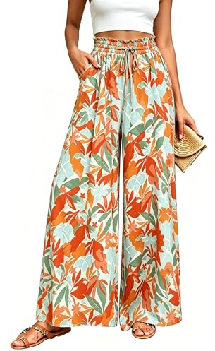Koerye Pantaloni da Donna Casual Pantaloni a Vita Alta Larghi Leggeri Eleganti Elastica Gamba Larga Estivi Boho Beach Pantalone con Tasche Arancione,S