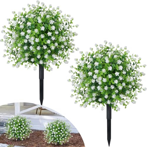 2Pcs Artificial Boxwood Topiary Balls Trees with Ground Spike 21.6inch | Artificial Ball Plants Trees Outdoor UV Resistant Fake Plants White Plastic Flowers Faux Camellia Shrubs for Garden Porch