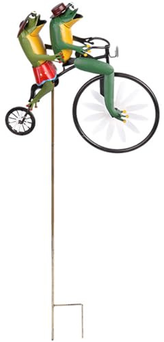 Wedhapy Metall trädgårdskonst vindsnurrar för trädgård vintage cykel metall vindspinnare grodor på en cykel väderkvarn prydnad 3D djur på cykel skulpturer för gårdsgräsmatta