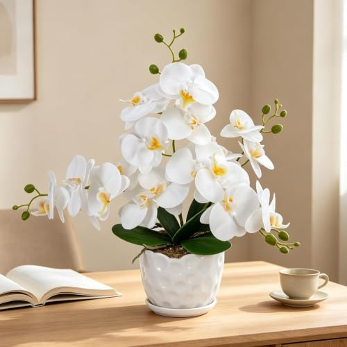 Fairblo 43 cm Orquidea Artificial Realista Blanca de Seda Flores Artificiales en Maceta Cerámica Flores de Orquídeas Falsas Phalaenopsis Artificial para Centro de Mesa Oficina Casa Decoración