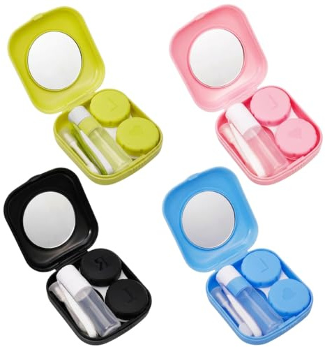 Juego de 4 recipientes para lentes de contacto con espejo, a prueba de fugas, caja de accesorios para lentes de contacto, incluye pinzas, varilla de succión, portalentes portátil, almacenamiento para