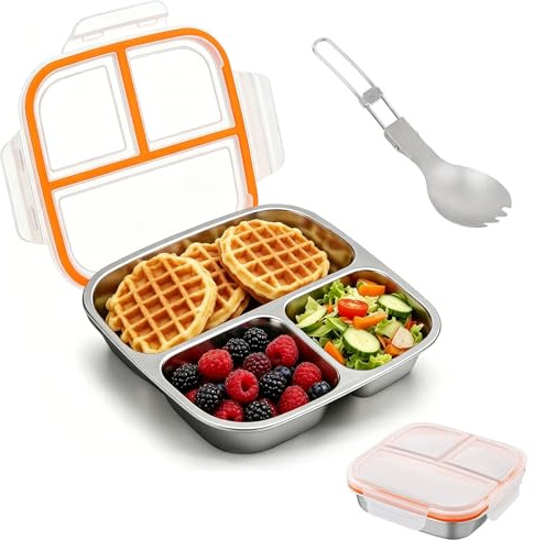 Foonary Bento Lunch Box, Caja de almuerzo de acero inoxidable compartimentada 3 cajas 600 ml, Lunch Box Premium Todo-en-Uno, tapa antifugas con tenedor-cuchara, caja de almuerzo para aperitivos