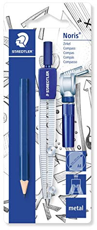 Staedtler Noris 550, Compas scolaire de précision pour l'école, Étui blister avec crayon, étui de mine et attache-compas universelle, 550 60 BK
