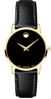 Movado Women's Museum Yellow Gold Watch with a Concave Dot, Silver/Gold/Black Strap (Model: 607275)