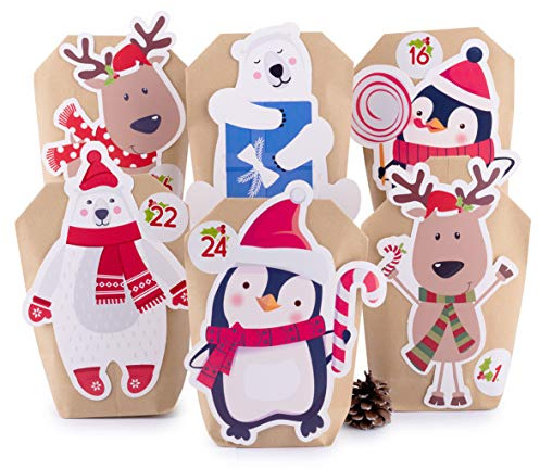 pajoma Calendario dell'Avvento da riempire con animali, 24 sacchetti di carta kraft marrone con adesivi e accessori, calendario natalizio fai da te per bambini e adulti