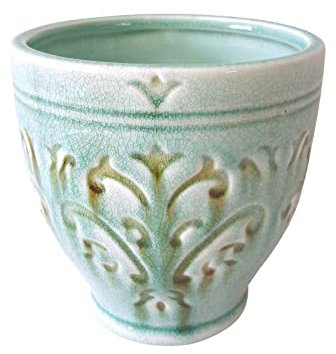 WH WORKING HOUSE MACETERO Maceta Tiesto CUBREMACETAS Redondo Ceramica Brillante Relieve Verde Mediano