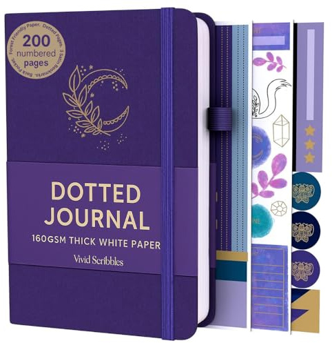VIVID SCRIBBLES A5 Bullet DOTTED Journal – 160GSM Bleed-Proof Dotted Notebook with 200 Numbered Dot Grid Pages, Lay-Flat Hardcover with Pen Loop & Expandable Pocket (Purple Moon Design)