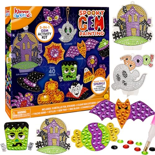 Klever Kits Halloween Painting Kit, Create Your Own Magical Stickers and Suncatchers, Diamond Art for Kids, DIY Paint Arts Supplies, Craft Gift for Girls