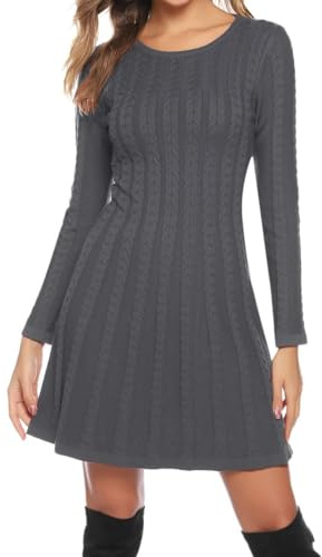 Gyabnw Robe Pull Femme Automne Chic Tricotée Robe Pull Col Rond Casual Manches Longues Mini Robe Pull Élégante pour Fête Cocktail Loisirs,Gris-A L
