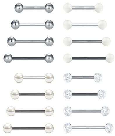 LAURITAMI 8 Paar Zungenpiercing 14G 12/14/16/18mm Stablänge Chirurgenstahl Zunge Brustwarzen Barbell Piercing Straight Bar