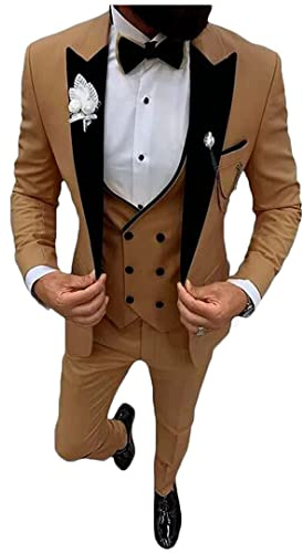 Herr 3 st Notch kavajslag bröllopsdräkter enkelknäppt brudgum smoking business kostym fritidskläder jacka byxor väst kostym set, Khaki, 54