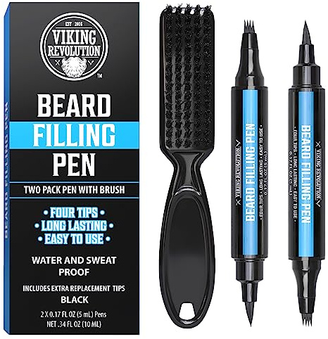 Viking Revolution Beard Pen (2 Pack) - Black Beard Pencil Filler for Men Lapiz para Barba de Hombre - Beard Filler for Men Waterproof Beard Filling Pen Kit - Long Lasting Beard Filler Pen with Brush