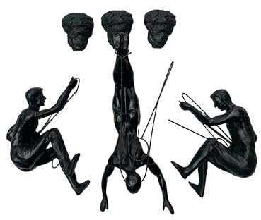 Haute Collage 3x Black Male Climbers with Rock Nail-Caps Abseiling Men Hanging Male Statues Figurines Ornaments Figures Wall-hanging Sculpture Wallart Bungee Jumper