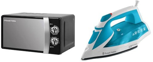 Russell Hobbs RHMM701B 17 Litre 700 W Black Solo Manual Microwave with 5 Power Levels & Supreme Steam Iron, Powerful vertical steam function, Non-stick stainless steel