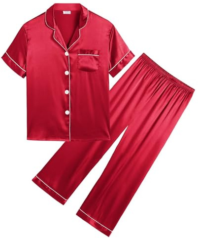 SWOMOG Girls Boys Silk Satin Pyjamas Set Button-Down PJs Two-Piece Lounge Sets Short Sleeve Sleepwear with Long Pants