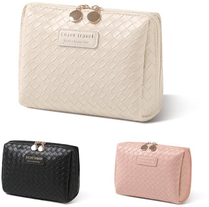 Kosmetiktasche Klein Schminktasche Damen für Handtasche, Mini Make up Tasche PU Leder Wasserdichter Tragbare Travel Cosmetic Taschen Organizer mit Reißverschluss （White Klein）