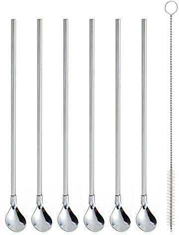 ERCENTURY Reusable Stainless Steel Long Handle Straw Spoons, 6 Pieces, with 1 Cleaning Brush (Circular)